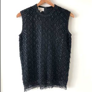 Vintage 60s Black Beaded Cyn Les Lined Sleeveless Wool Sweater British Hong Kong